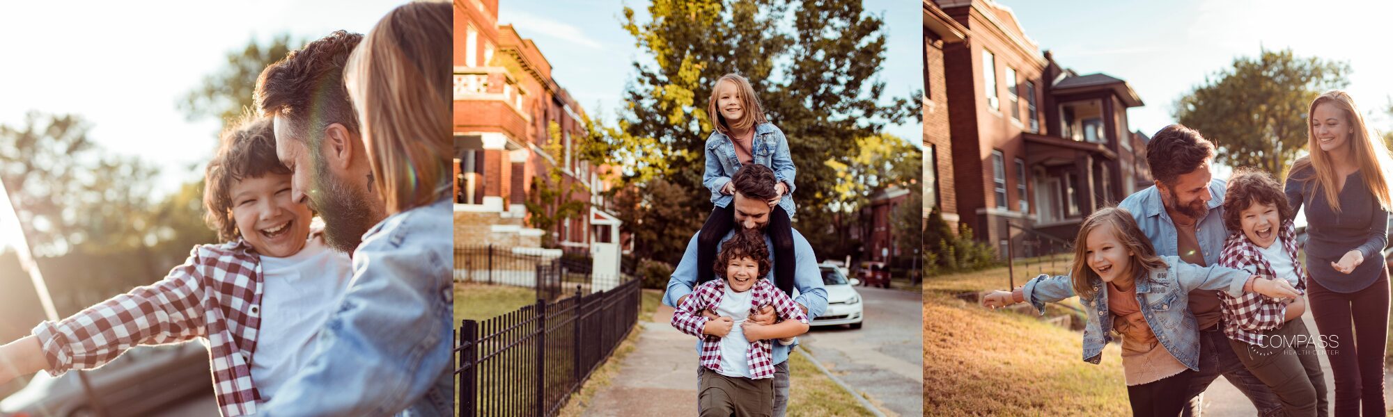 A triptych of candid family photos: a father laughing with his two children outdoors in golden light; a man walking down a tree-lined city street with two children riding piggyback on his shoulders and back; and a family of four playing and laughing together on a lawn in front of a brick house. The Compass Health Center logo appears in the bottom right corner.